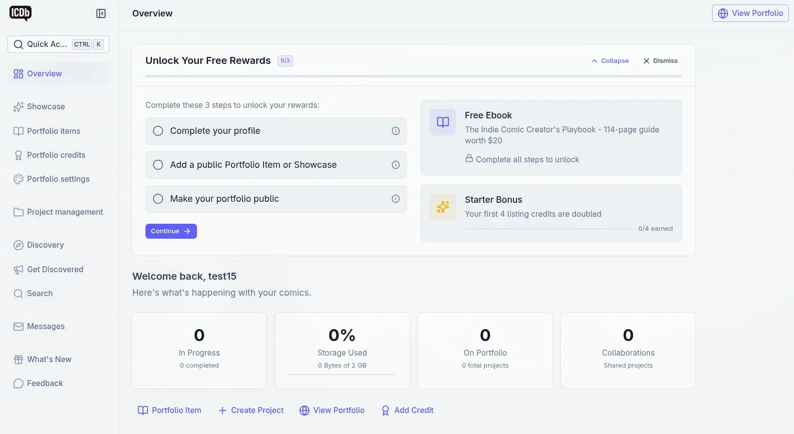 ICDb dashboard for new user showing onboarding checklist and stat cards