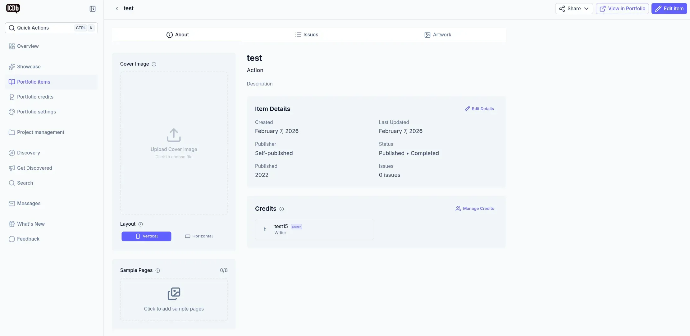 ICDb portfolio item edit page with About, Issues, Artwork, and Credits tabs