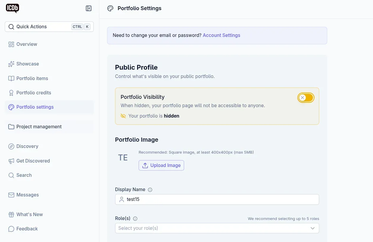 ICDb portfolio settings with profile image, display name, roles, and bio