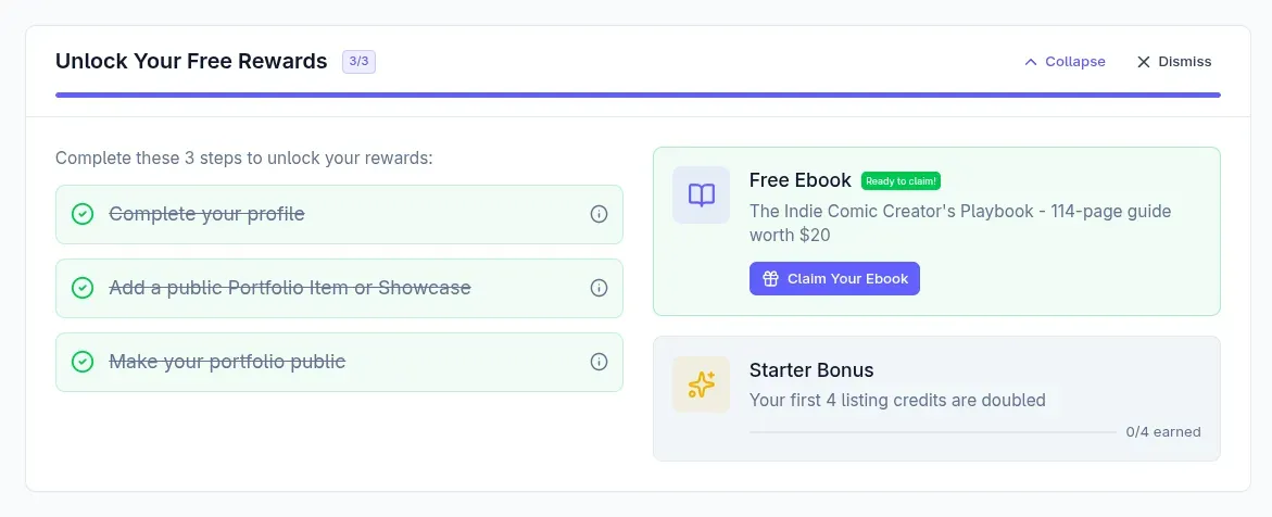 ICDb onboarding checklist 3/3 complete with free ebook claim button