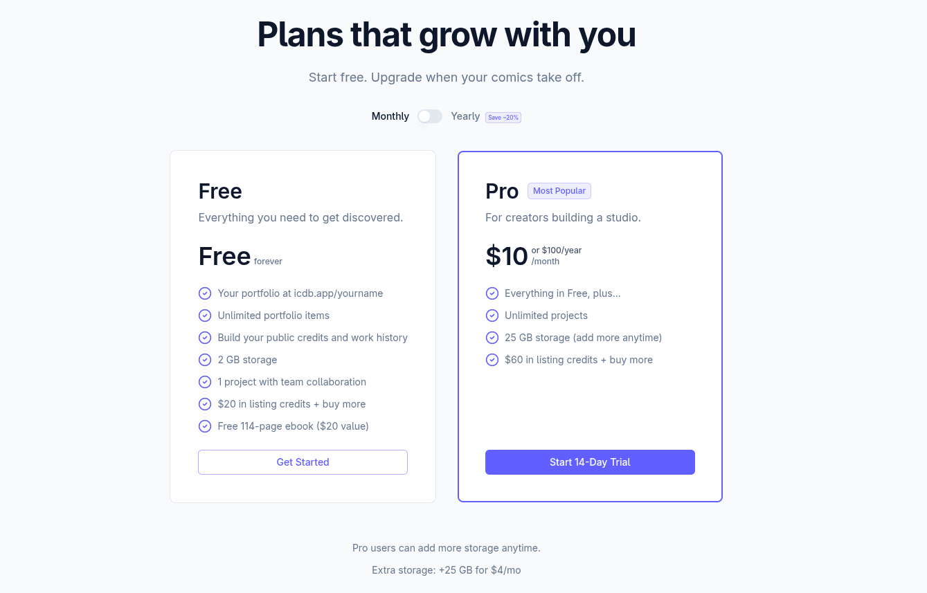 ICDb signup page showing Free and Pro plan comparison for comic creators