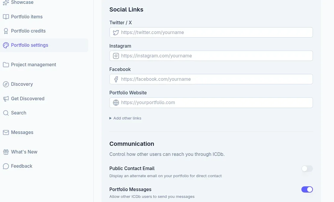 ICDb social links section with Twitter, Instagram, Facebook, and website fields