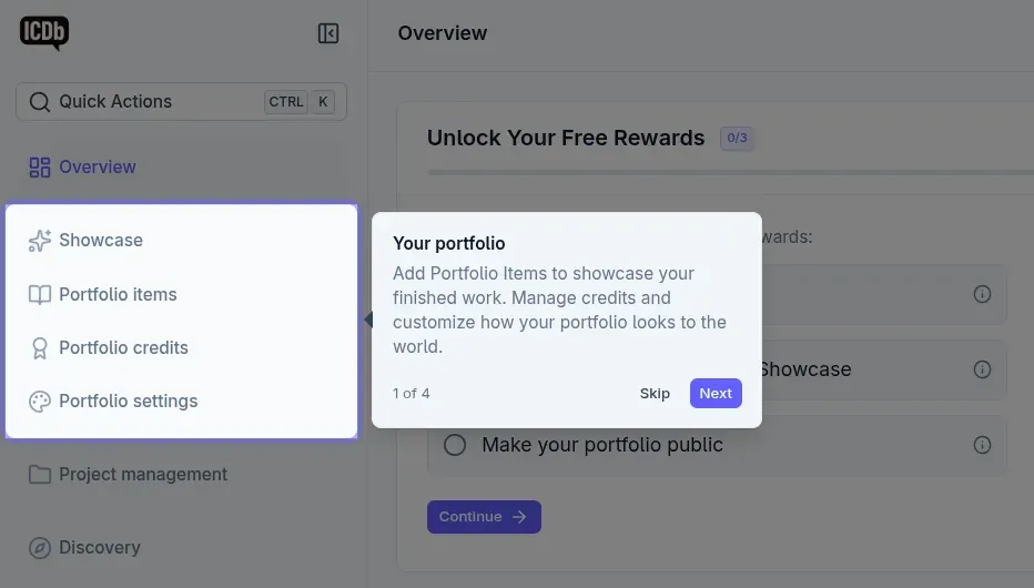 ICDb onboarding tour highlighting the portfolio section